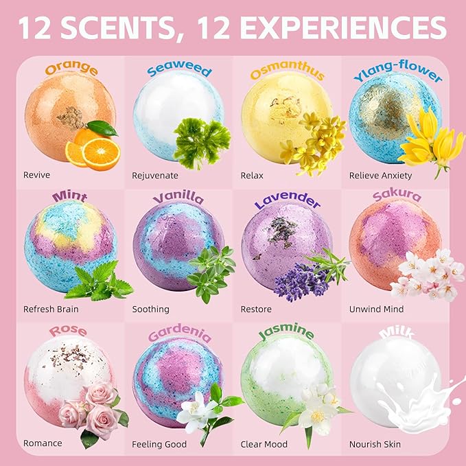 Natural Handmade Bath Bombs Salt Balls Gift Set, 12 PCS with Sea Salt & Shea Butter, Moisturizing Dry Skin, Stress Relief, Bubble Bath, Perfect Care Relaxing Spa Gifts for Women, Men & Kids