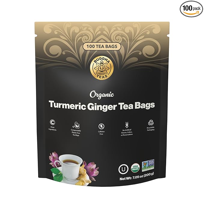 Buddha Teas - Organic Turmeric Ginger Tea Bags - For Health & Wellbeing - With Antioxidants & Minerals - Clean Ingredients - Caffeine Free - OU Kosher & Non-GMO - 100 Non-String Tea Bags (Pack of 1)