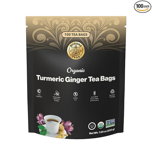 Buddha Teas - Organic Turmeric Ginger Tea Bags - For Health & Wellbeing - With Antioxidants & Minerals - Clean Ingredients - Caffeine Free - OU Kosher & Non-GMO - 100 Non-String Tea Bags (Pack of 1)