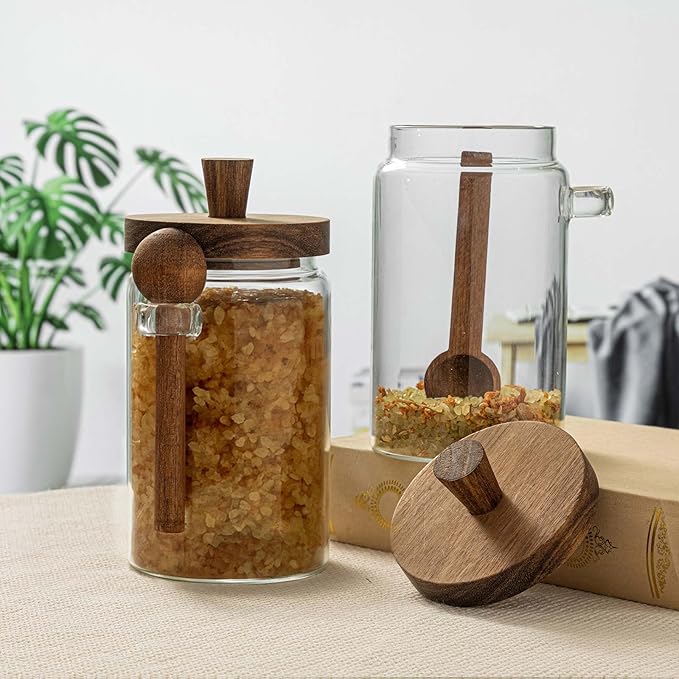 Suclain 2 Set Glass Bath Salts Jar with Wooden Lids and Scoop Bath Salt Container Food Airtight Storage Containers for Sugar Coffee Bean Candy Spice, 26oz