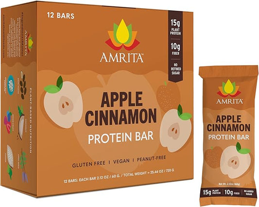 Amrita Nut Free Apple Cinnamon Vegan Protein Bars (12 Count) | 11g Plant-Based Protein Bar | Peanut Free, Gluten Free, and Dairy Free | Low Sugar, High Fiber, Healthy School-Safe Snacks