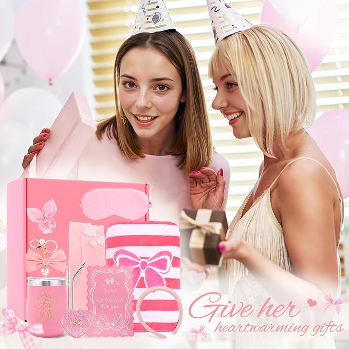 Birthday Gifts for Women Friendship Unique - Pink Bow Birthday Gifts for Teen Girls - Self Care Get Well Soon Presents Basket for Mom Sister Friend Bestie Wife Her Girlfriend Coworkers