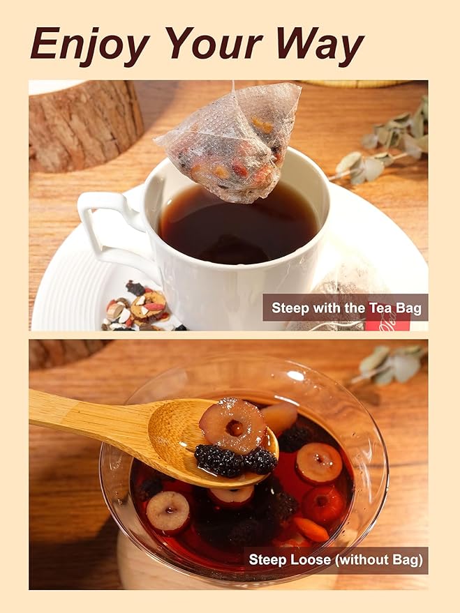 TeeLux Ginseng Six Treasures Tea, Traditional Chinese Herbal Tea Blend with Ginseng, Mulberry, Goji Berry, Yam, 30 Biodegradable Pyramid Bags, Caffeine-Free