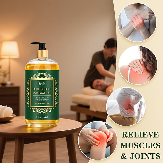 Sore Muscle Massage Oil for Massage Therapy, 8 FL OZ Natural Body Massage Oil with Lavender Oil, Arnica & Chamomile Extract, Soothes Muscle and Joint for Professional & Home Use