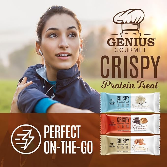 Genius Gourmet Crispy Protein Treat, Salted Caramel, Keto Snack, Low Carb, Low Sugar & Gluten Free, Protein Snacks for Adults, 10G of Whey Protein per Protein Bar, 5 Net Carbs, On The Go Snack, 10 CT