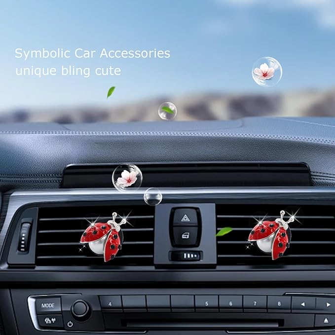 Ladybug Car Accessories,2pcs Lady Bug Air Vent Clips Car Air Fresheners,Refillable Animal Decoration Diffusers,Girly Rhinestone Dashboard Charms for Women Teens