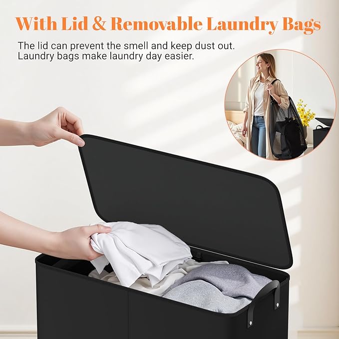 Large Double Laundry Hamper with Lid, Removable Bags & Reinforced Handles, 2 Section Tall Laundry Basket, Dirty Clothes Hampers for Laundry Room, Bedroom, Bathroom, Dorm, 155L, Black