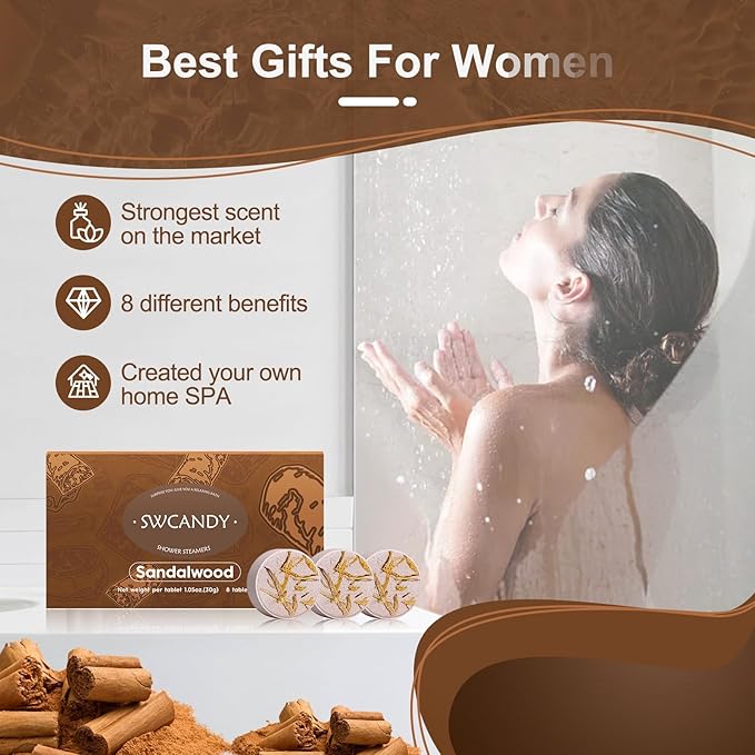 Aromatherapy Shower Steamers Birthday Day Gifts Sandalwood - Swcandy 8 Pcs Bath Bombs Birthday Gifts for Women, Shower Bombs with Essential Oils, Relaxation Home SPA for Women Who Has Everything