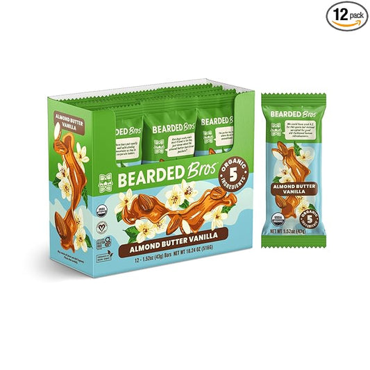 Bearded Brothers, Organic Vegan Protein Energy Bars, Almond Butter Vanilla (12 Pack) - Gluten Free, Paleo, Fiber, Whole 30 | Non GMO Low Glycemic Snacks (Packaging May Vary)
