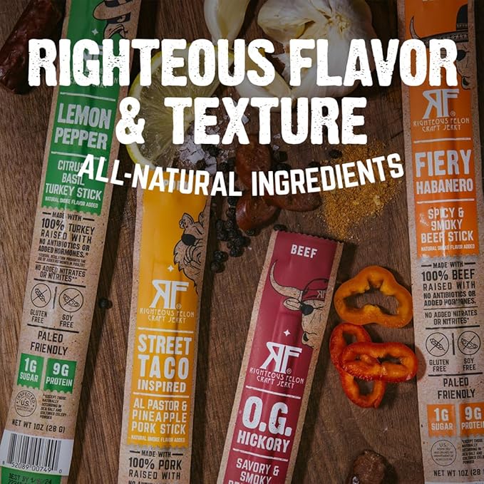 Righteous Felon Jerky Variety Pack Meat Sticks | High Protein, Low Carb, Keto, Gluten Free, Low Sugar, Healthy Snack Stick | All Natural, Individually Wrapped Craft Beef, Turkey, Pork | 10 Count
