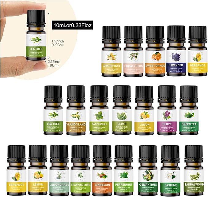 Essential Oils Set of 20x10ml, 100% Organic Essential Oil, Lavender, Ylang Ylang, Tea Tree, Eucalyptus Scented Oil, Essential Oils for Diffusers for Home, Candle Making, Humidifiers (20)