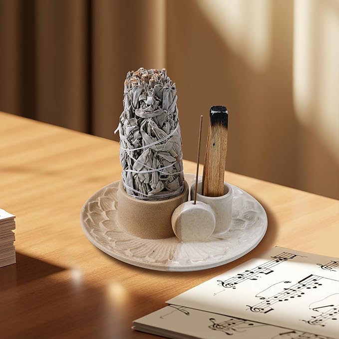 4 in 1 Incense Holder, Ceramic Incense Stick and Palo Santo Holder,Sage Holder for Burning- 5.5" Ceramic Ash Catcher Tray for Meditation and Yoga Room (Sand)