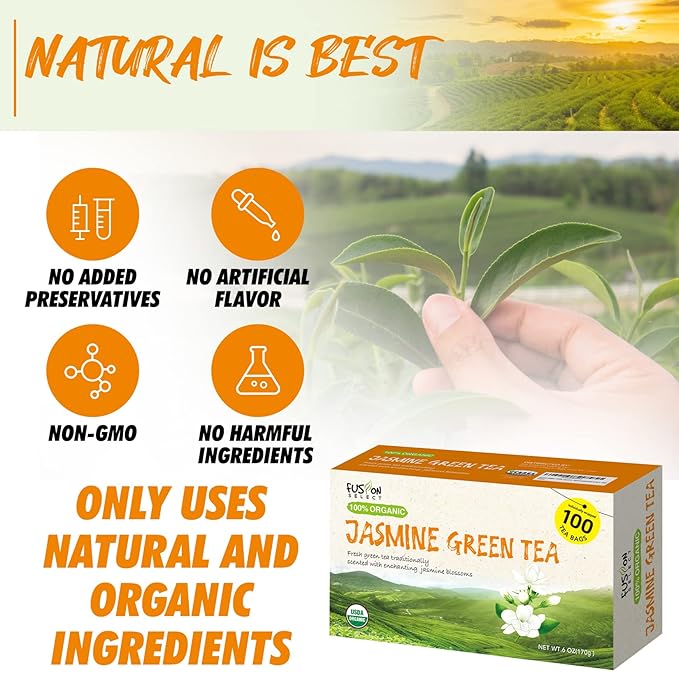 Fusion Organic Jasmine Green Tea - 200 Counts, Relaxing Jasmine Tea Bags, Floral Fragrance