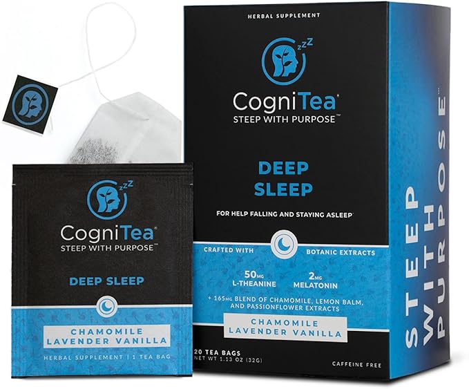 CogniTea Deep Sleep Tea with Melatonin, L-Theanine, Valerian, Chamomile, Lemon Balm and Passionflower for Night Time Rest