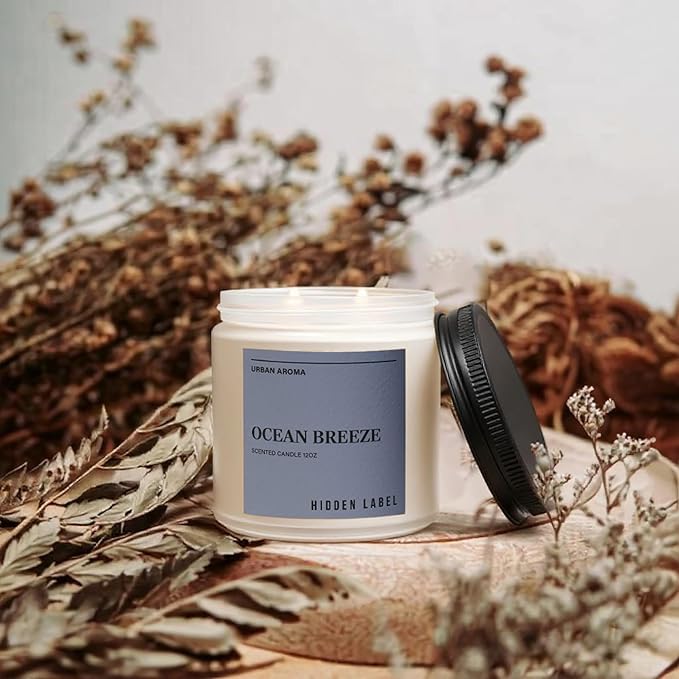Hidden Label Ocean Breeze Scented Candle, 12oz 2 Wick Natural Soy Non Toxic Candles, Clean Burning Long Lasting Aromatherapy for Home | Gifts | Décor,Premium Scents for Relaxation & Stress Relief