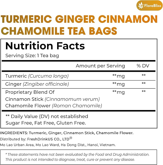 50 Bags Premium Turmeric Ginger Cinnamon Tea with Upgraded Chamomile, Extra Strength 2.2g/Bag, 100% Natural, Caffeine-Free, Vegan, Eco-Friendly, Supports Digestion, Relaxation