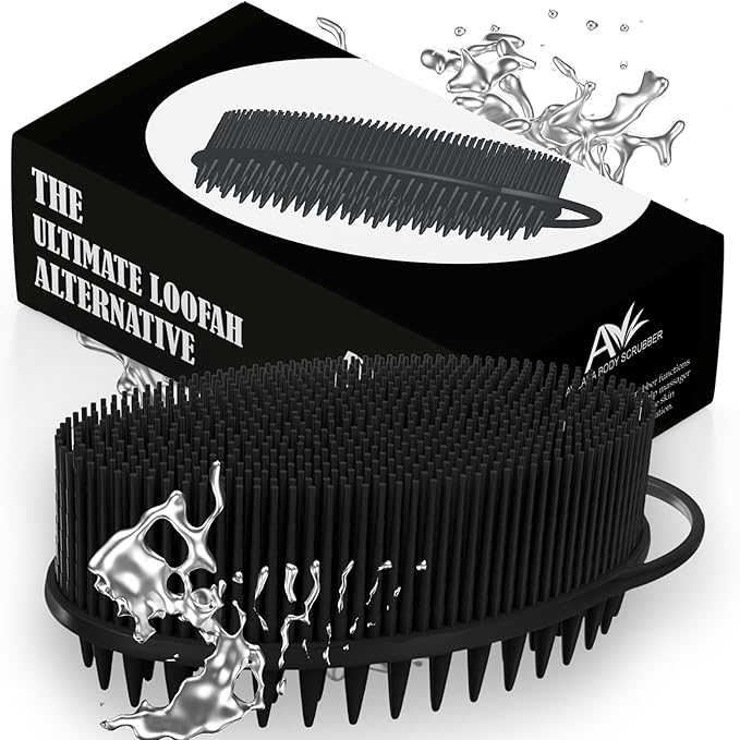 Avilana Silicone Body Scrubber - Food Grade & Lab Tested, Gentle Exfoliating Shower Brush for All Skin Types, Hygienic Quick-Dry Loofah Alternative (Black, Scalp-Silver)