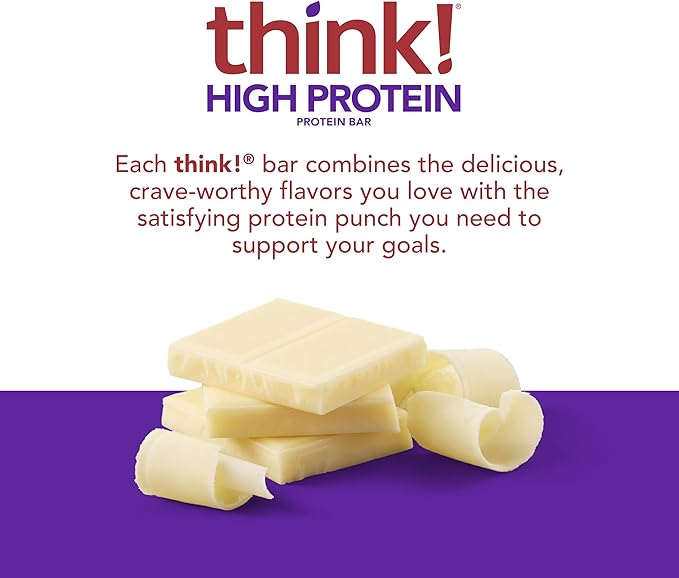 think! Protein Bars, High Protein Snacks, Gluten Free, Kosher Friendly, White Chocolate, Nutrition Bars, 2.1 Oz per Bar, 10 Count (Packaging May Vary)