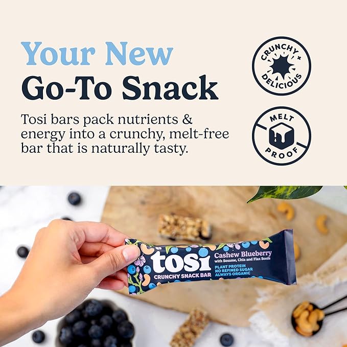 Tosi Cashew Blueberry Protein Bars - Crunchy Nut & Seed Vegan Snack Bars, Gluten Free, 6g Plant Based Protein, Organic Flax, Chia, Sesame Seeds, Omega 3s, Low in Sugar, No Soy - 1 oz, 12-Pack