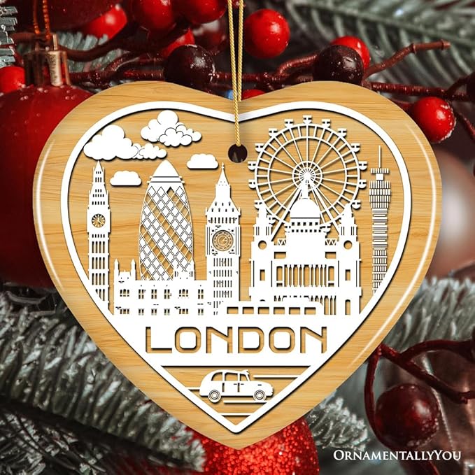 London City Unique Paper Art Themed Ceramic Christmas Ornament (Heart)