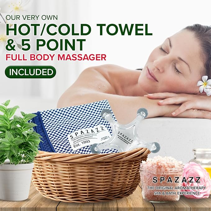 RX Therapy Spa and Hot Tub Aromatherapy Scented Relaxation Bath Salt Crystals - Mind Body and Soul Bundle Gift Set (19 Oz) Includes 5 Point Full Body Massage Tool & Hot Cold Towel (19OZ 3 Pack)
