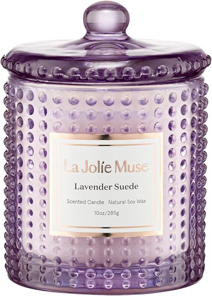 LA JOLIE MUSE Lavender Suede Candle - Lavender, Eucalyptus, Sandalwood | 10 oz Natural Soy Wax | 55 Hours Clean Burn | Aromatherapy Candle | Perfect for Relaxation, Self-Care and Meditation