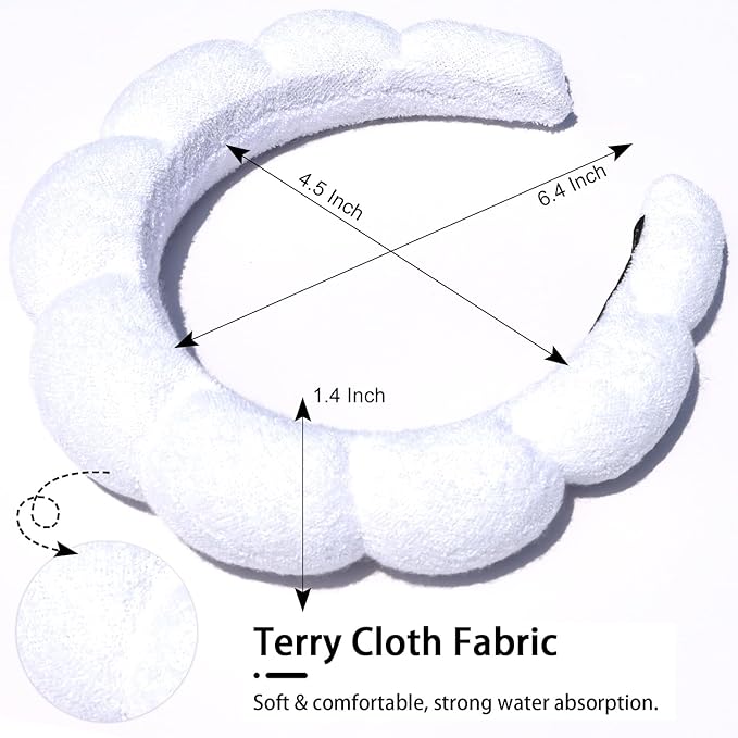 Spa Headbands for Face Washing & Makeup Removal - Bubble Skincare Terry Cloth Puffy Headbands for Mask Treatment