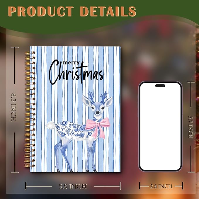 Exqcom Blue Chinoiserie Christmas Deer Spiral Notebook Gifts, Coquette Pink Bow Merry Xmas Journal for Women, Grandmillennial Christmas Hardcover Notebook Journal Office School Supplies, 5.5x8.3 Inch