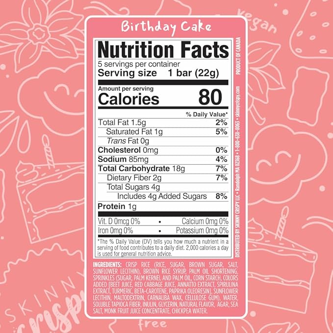 Skinny Crispy Birthday Cake Rice Treats – Low Sugar (4g), Vegan, Gluten-Free, Dairy-Free, Non-GMO, Top 9 Allergen-Free, Healthy Snack Bars, 10 Count