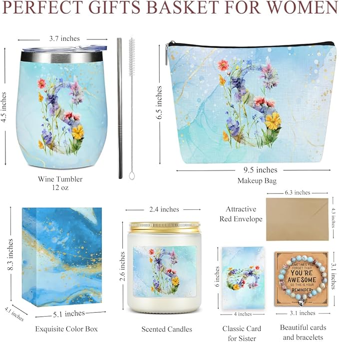 Personalized Gifts Monogrammed Birthday Gifts for Women, New Mom, Grandma Valentine's Day Thank You Christmas, Initial Wine Tumbler Makeup Bag Scented Candle Bracelet Set, (Aesthetic Blue Flower S)