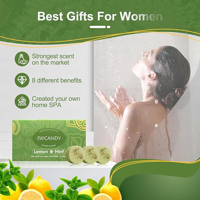 Aromatherapy Shower Steamers Birthday Day Gifts Lemon Mint - Swcandy 8 Pcs Bath Bombs Birthday Gifts for Women, Shower Bombs with Essential Oils, Relaxation Home SPA for Women Who Has Everything