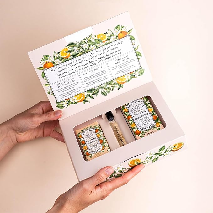 Panier des Sens - Orange Blossom Gift Set for Women - Roll On Perfume + Hand Cream + Bar Soap - Thank you, Birthday Gift for Her - Self Care Kit with 96% Natural Ingredients - Skin Care Set