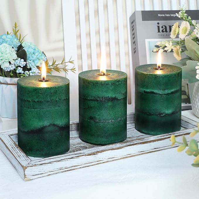 Fir Pine Scented Pillar Candles 3x4 Inch Dark Green 3-Layered Handcraft Holiday Forest Candle Smokeless Aromatherapy Candle for Christmas Decoration Home Party Fragrance Housewarming Gifts