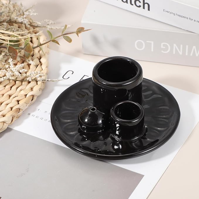uxcell Incense Burner, 4 in 1 Ceramic Incense Holder Santo Holder Ash Catcher & Candle Holder Decorative Bowl for Meditation Stick Aromatherapy Yoga, Black