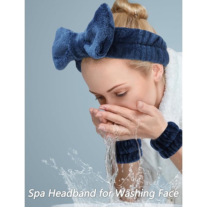 VELSCRUN Spa Headband, Makeup Face Wash Skincare Headbands, 6 Pcs Dark Blue Sponge Bow Tie Get Ready HairBand Facial Wristband Set, Stuff for Teen Girls Women Trendy Fashion Hair Accessories