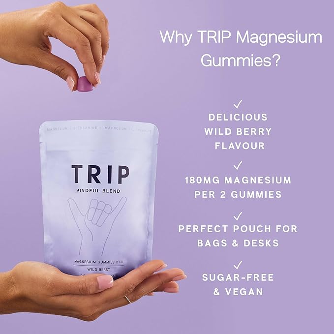 TRIP Magnesium Citrate Gummies Infused with L Theanine, Vegan, Sugar Free Magnesium Supplement for Adults, 180mg per Serving, On The Go Calming Gummy, Wild Berry Flavor, 1 Bag - 60 Count