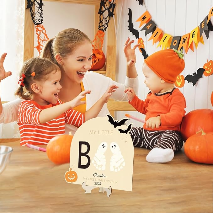 Sereliy Baby's First Halloween DIY Footprint Art Card, Wooden Little Boo Sign Keepsake Ornaments for Baby Shower Newborn Photoshoot Prop (Boo)