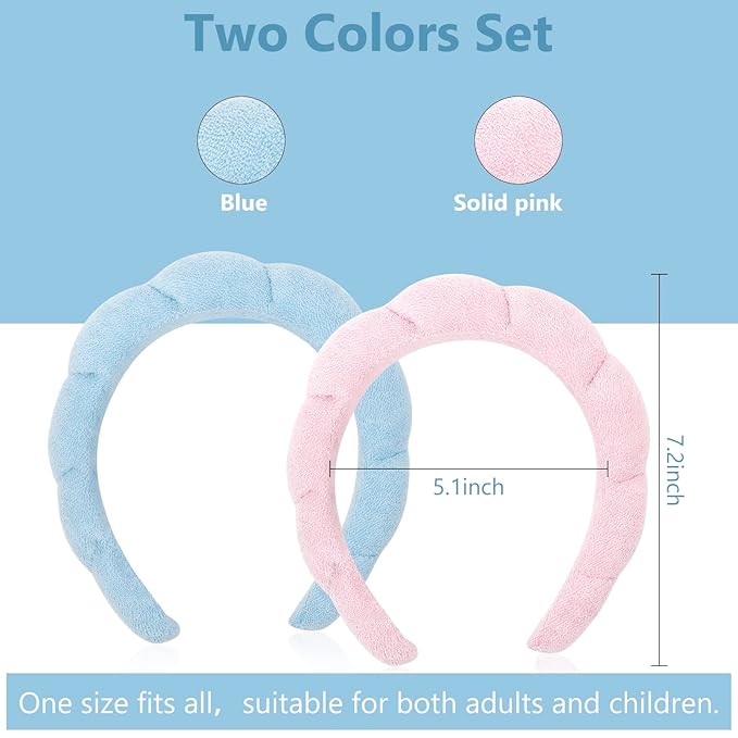 AMCAMI 2PCS Mimi and Co Spa Headband for Women Sponge Headbands for Girls Terry Towel Cloth Fabric Head Band for Face Washing, Skincare, Makeup Removal, Shower, Hair Accessories (Pink&Blue)