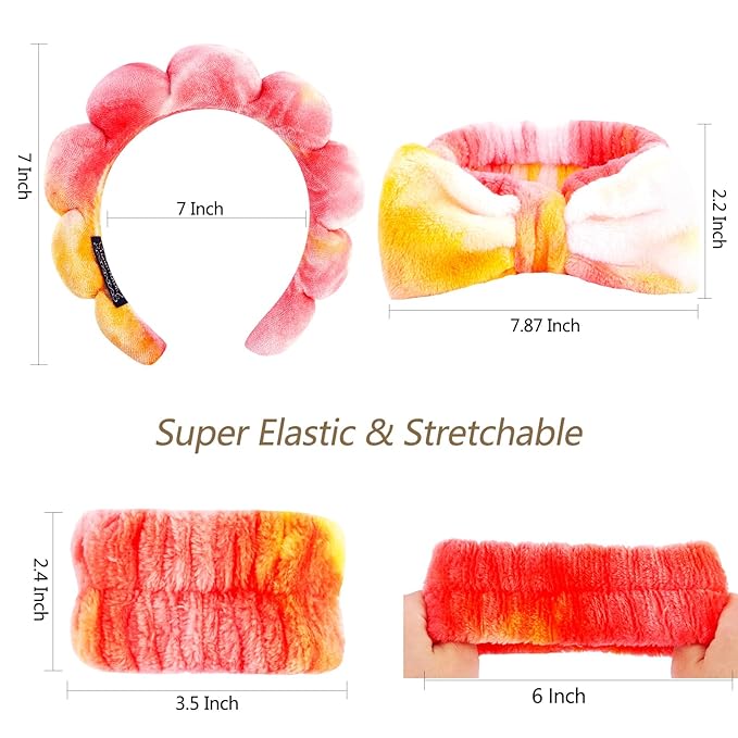 VELSCRUN Spa Headband, Makeup Face Wash Skincare Headbands, 6 Pcs Orange Sponge Bow Tie Get Ready HairBand Facial Wristband Set, Stuff for Teen Girls Women Trendy Fashion Hair Accessories