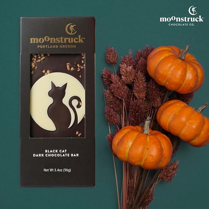 Moonstruck Chocolate Halloween Candy Black Cat Dark Chocolate Bar, 3.0oz (Pack of 4)