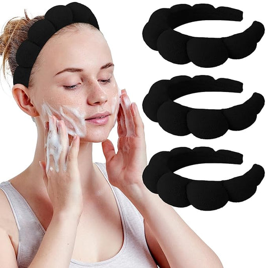 WHAVEL 3 Pack Spa Headband Skincare Headbands, Makeup Headband Sponge Terry Cloth Headbands Face Wash Headband Puffy Hair Band for Washing Face Women Girls (Black)