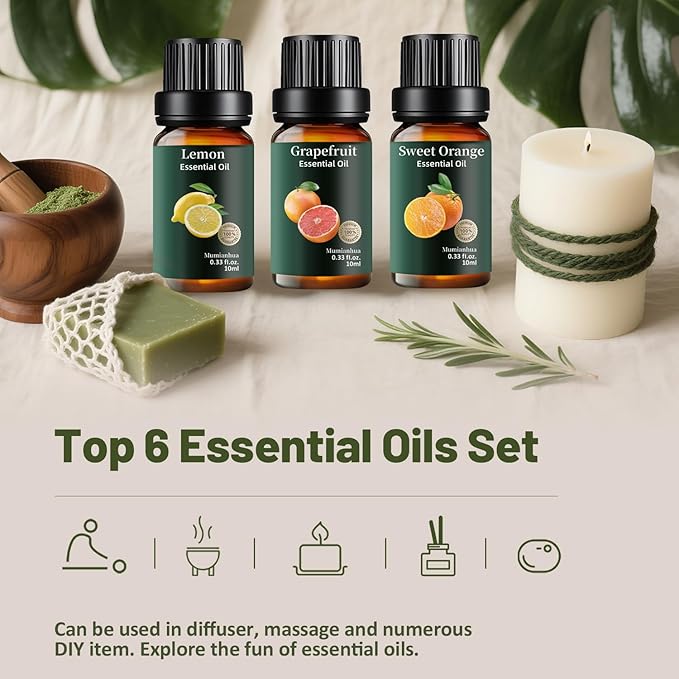 Fruity Essential Oils Set Pure, Mumianhua Lemon, Grapefruit, Orange, Bergamot, Pineapple, Green Apple Natural Aromatherapy Oil for Diffuser, Humidifier, Candle&Soap Making 6x10ml Vitality Morning Set