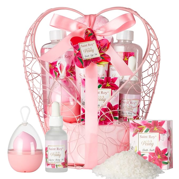 Gift Basket For Women, Mother's Day Gift for Mom Spa Set Lily & Peony Home Spa Set, Beauty Personal Care Set Jojoba Oil, Spa Self Care Kit, Bath Body For Thank You, Birthday, Christmas Gifts for Women