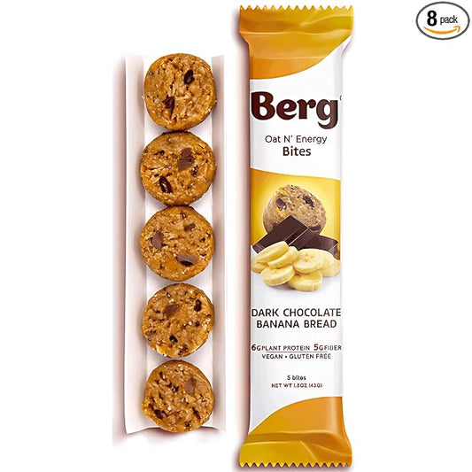 Berg Oat N' Energy Bites - Dark Chocolate Banana Bread - Non-GMO, Gluten Free, Dairy Free, Soy Free and Vegan - Clean Energy Snack - 1.5oz, (8 Pack)