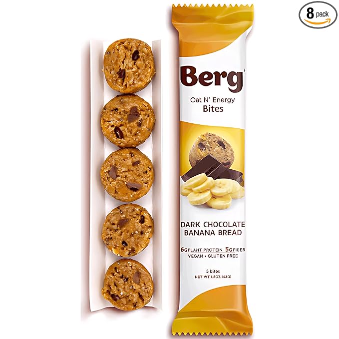 Berg Oat N' Energy Bites - Dark Chocolate Banana Bread - Non-GMO, Gluten Free, Dairy Free, Soy Free and Vegan - Clean Energy Snack - 1.5oz, (8 Pack)