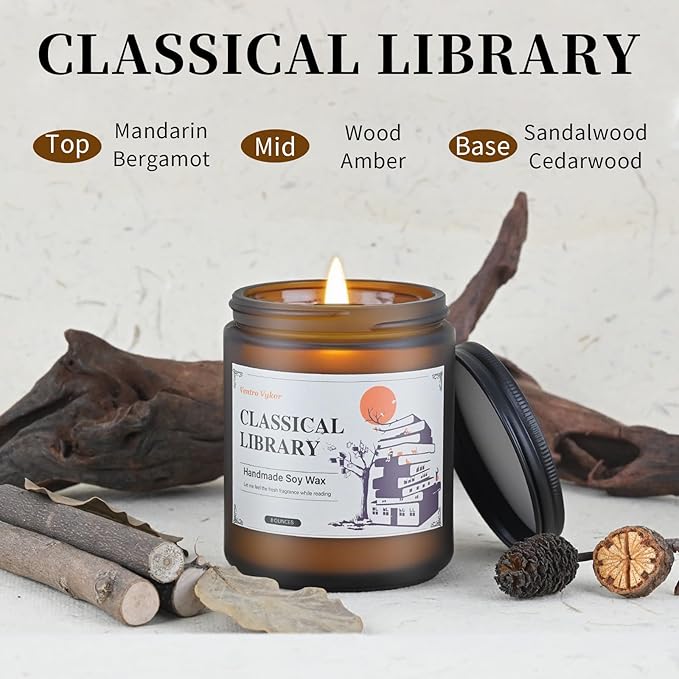 Classical Library Candle,Book Lovers Gifts,8 oz 40 Hours Burn Soy Wax Candle Gift for Readers Birthday Gifts for Book Lovers,Librarian