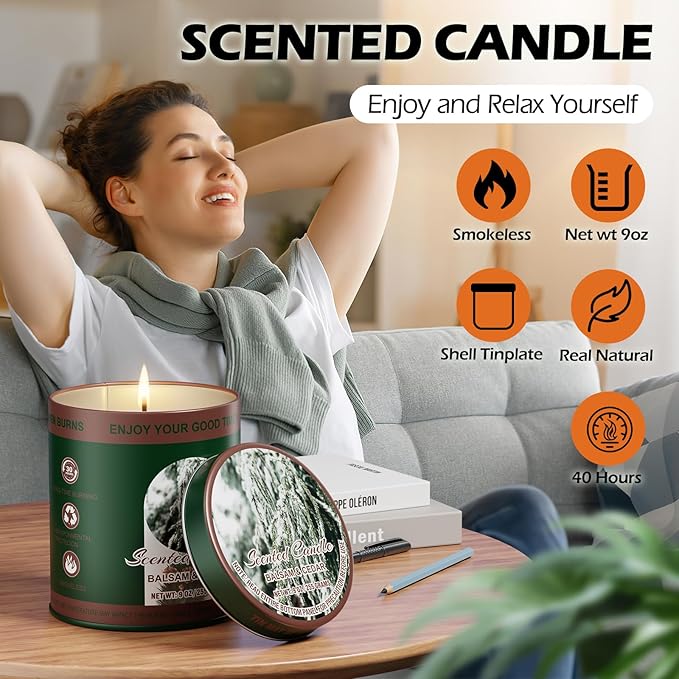 Balsam & Cedar Scented Candle Set | 2 Pack 510g 8% Essential Oils Long-Lasting 60H Burn | Pure Soy Wax Clean-Burning Smoke-Free | Aromatherapy Tin Jar Candles | Colorful Packaging Gift for Men&Women