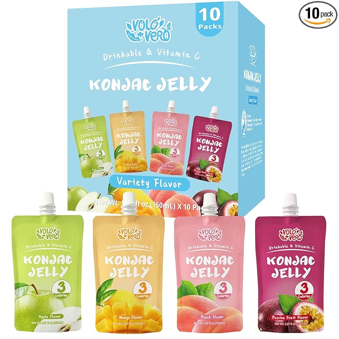 VOLO VERO Drinkable Konjac Jelly Variety Pack, 3 Calories, 10 Pack, 0 Sugar, Vegan, Gluten Free, Keto, Vitamin C Fruit Snacks Holiday Gifts - Flavors Include Mango, Peach, Passion Fruit, and Apple Pouches