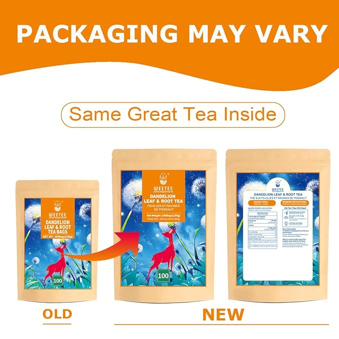 WT WEETEE Dandelion Leaf & Root Tea Bags, 100% Pure Dandelion Leaf and Roasted Dandelion Root Blend, Natural Caffeine-free Herbal Tea 2g x 100 Counts