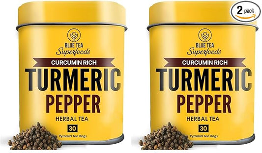 BLUE TEA - Turmeric Tea - Pepper - 30 Count - Pyramid Plant Based Tea Bag | CURCUMIN RICH - HERBAL BLEND | Herbal Tea - Caffeine Free - No Sugar - Earthy Flavor - Healthy | Tin Pack (Pack of 2)